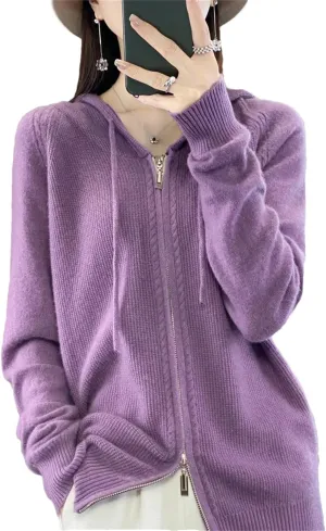 100% Merino Wool Sweater Women Hoodie Cardigan Zipper Long Sleeve Casual Loose Cashmere Knitted Coat