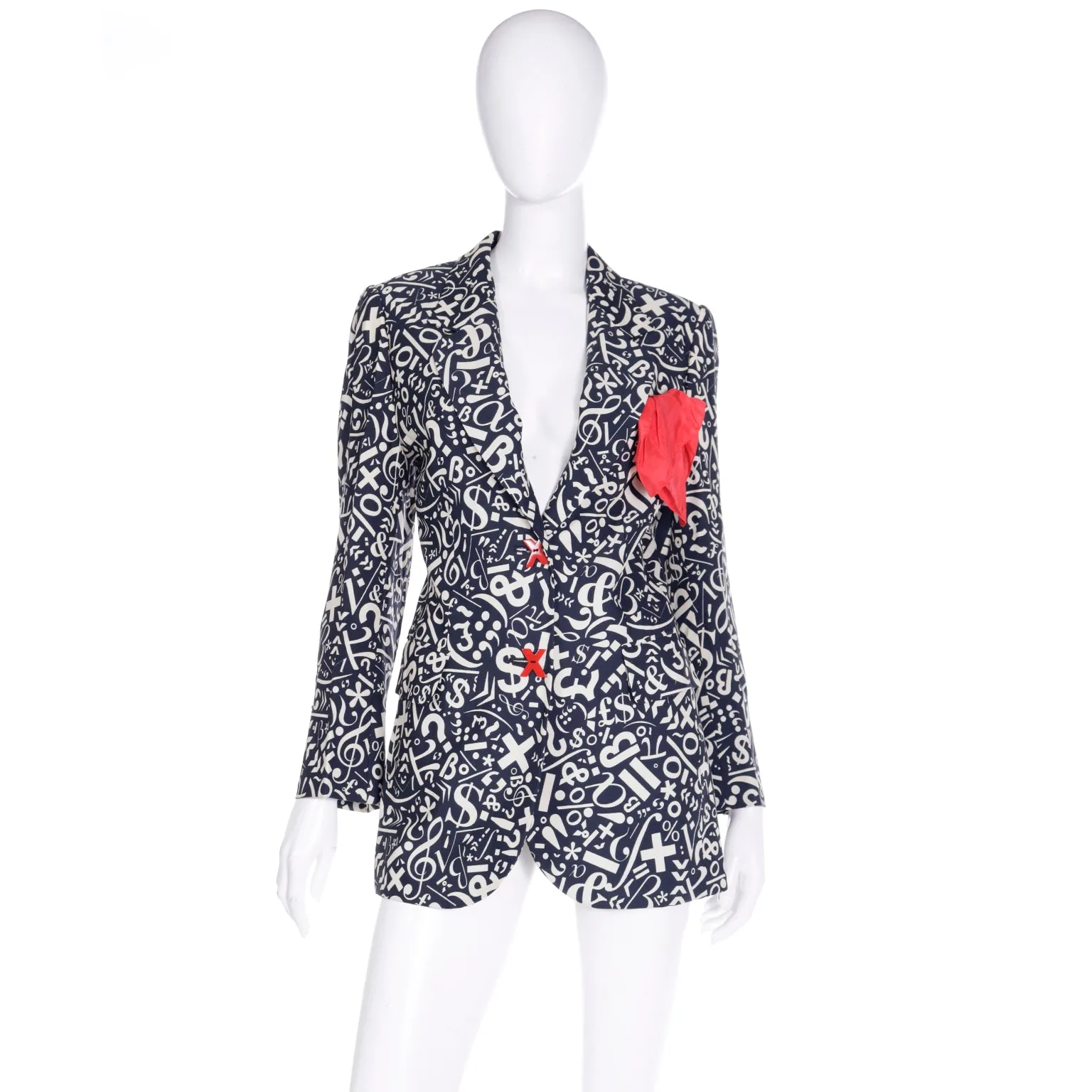 1990s Franco Moschino Black & White Symbols & Numbers Jacket w Red X Buttons