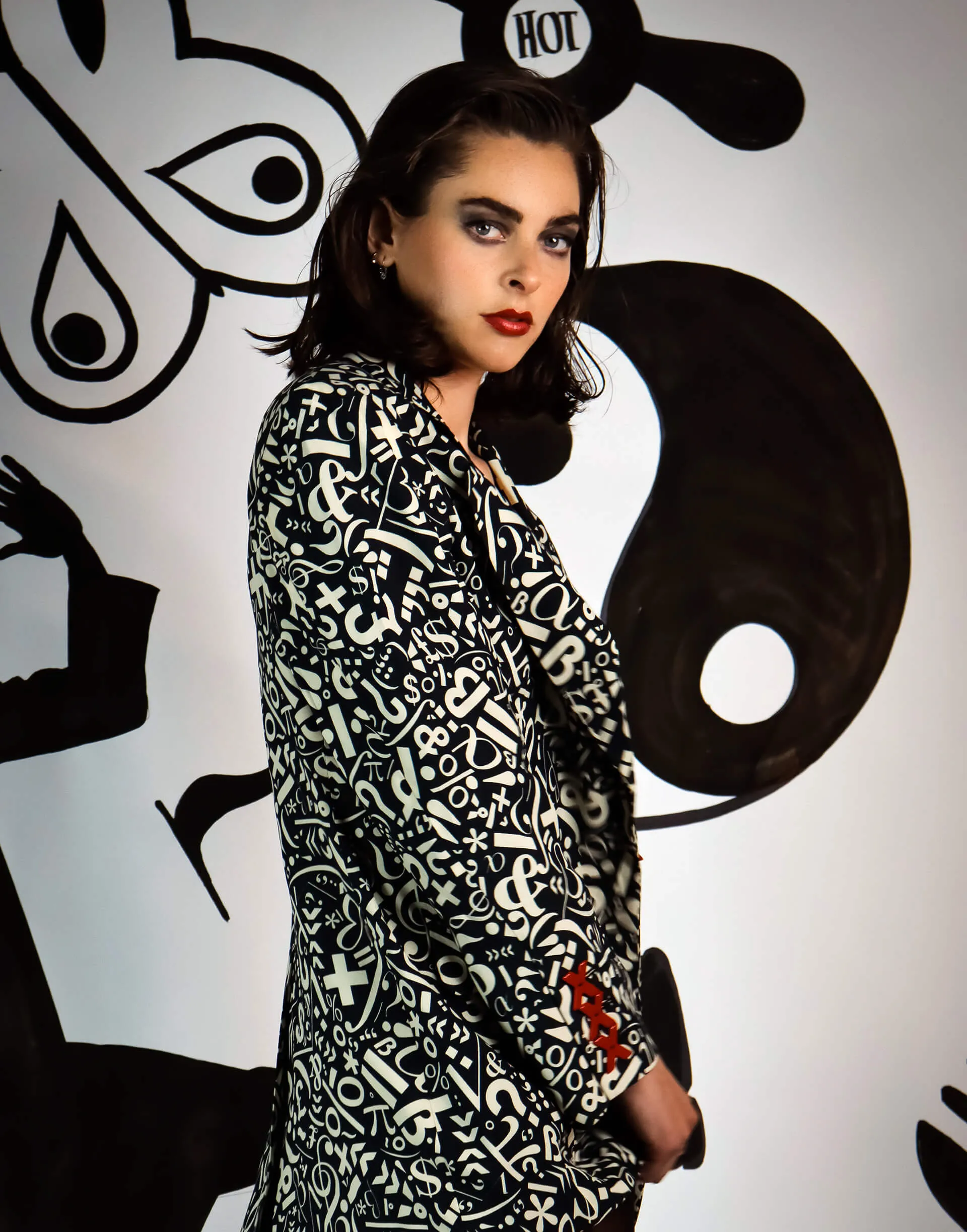 1990s Franco Moschino Black & White Symbols & Numbers Jacket w Red X Buttons