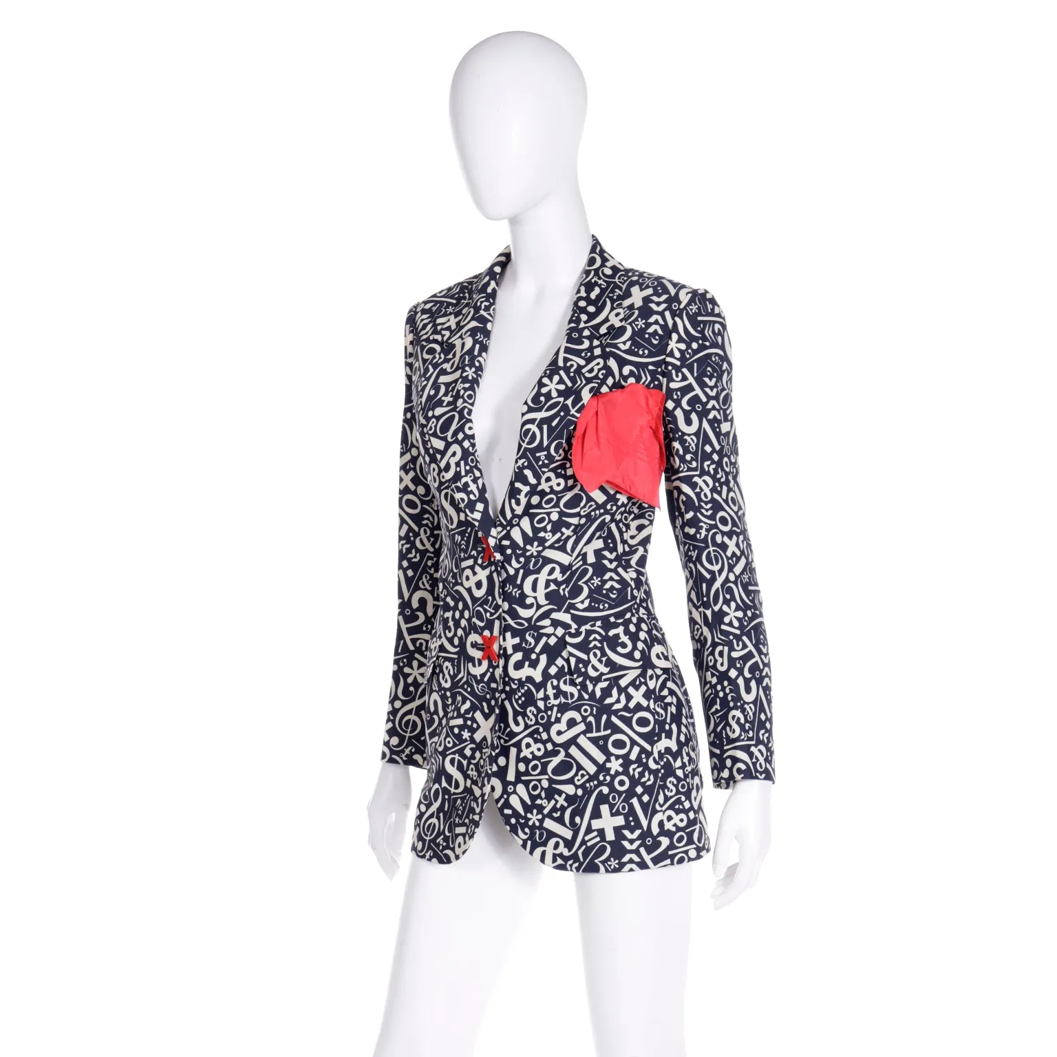 1990s Franco Moschino Black & White Symbols & Numbers Jacket w Red X Buttons