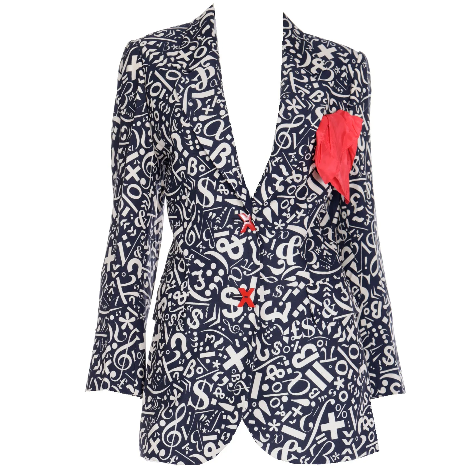 1990s Franco Moschino Black & White Symbols & Numbers Jacket w Red X Buttons