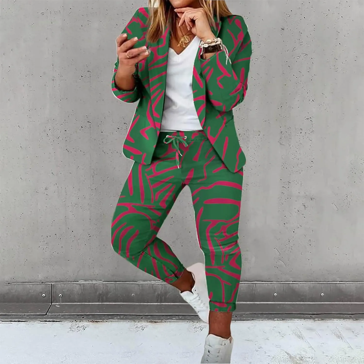 2 Piece Business Outfit for Women Lapel Long Sleeve Blazer Jacket and Cinch Bottom Pants Casual Elegant Print Suit Set