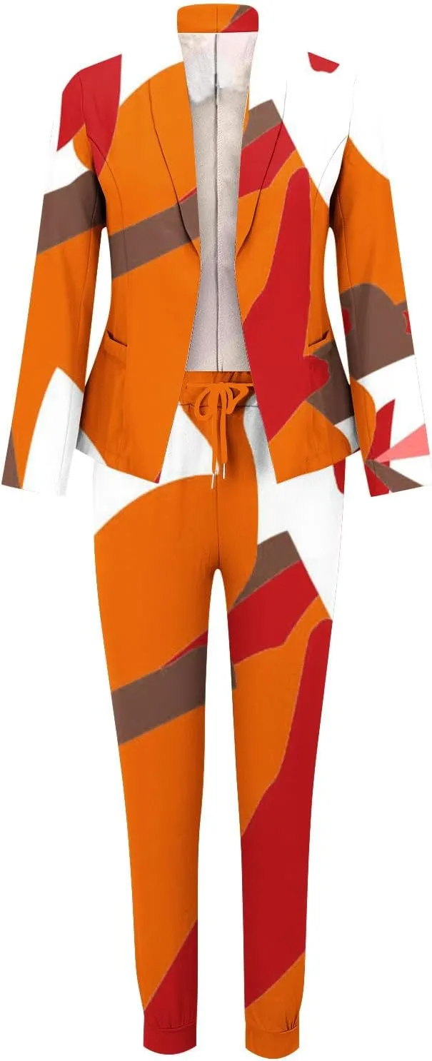 2 Piece Business Outfit for Women Lapel Long Sleeve Blazer Jacket and Cinch Bottom Pants Casual Elegant Print Suit Set