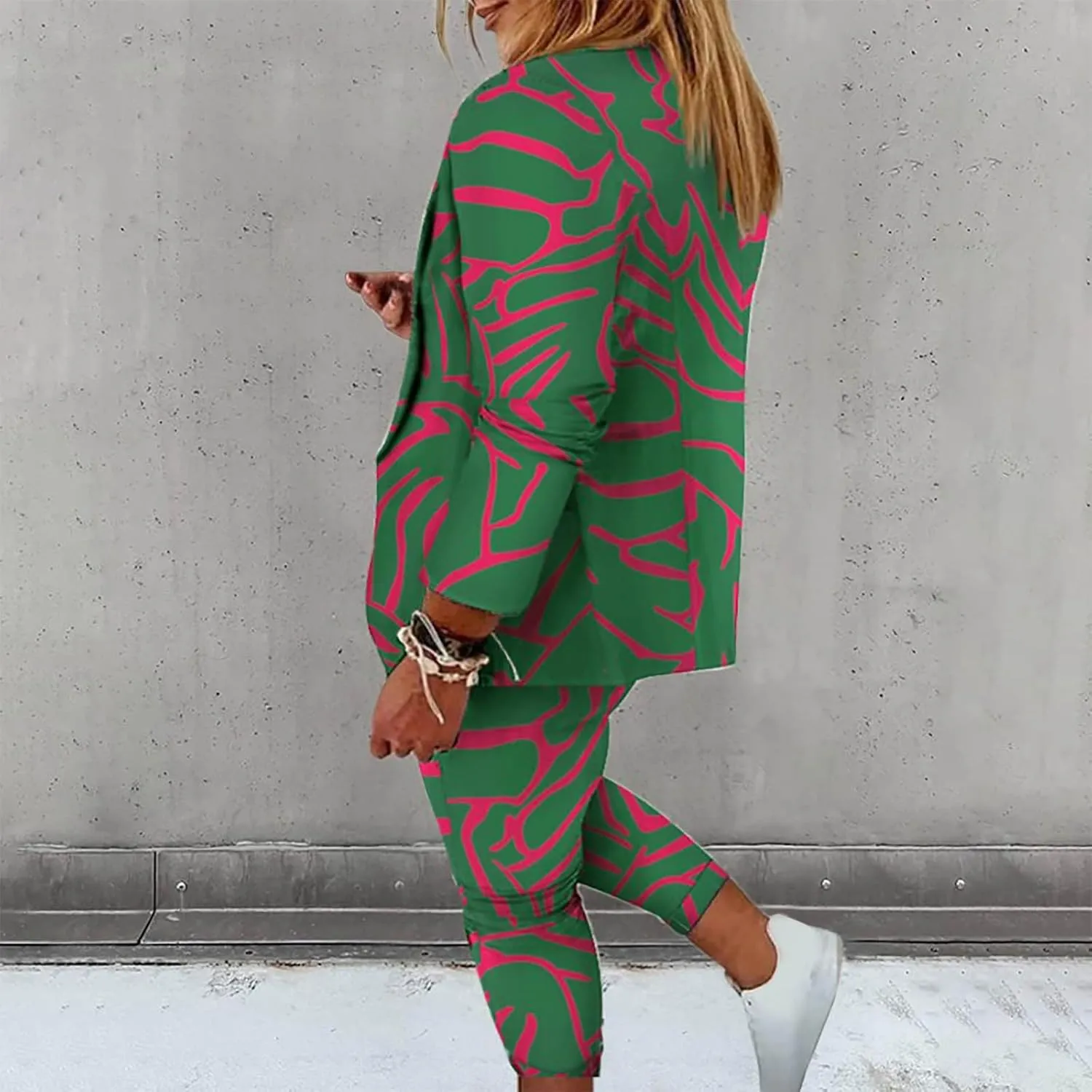 2 Piece Business Outfit for Women Lapel Long Sleeve Blazer Jacket and Cinch Bottom Pants Casual Elegant Print Suit Set