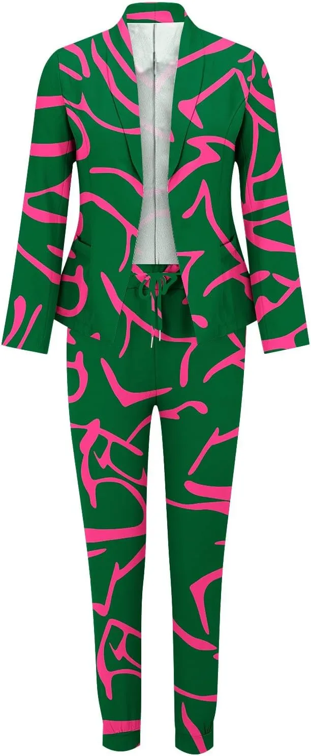 2 Piece Business Outfit for Women Lapel Long Sleeve Blazer Jacket and Cinch Bottom Pants Casual Elegant Print Suit Set