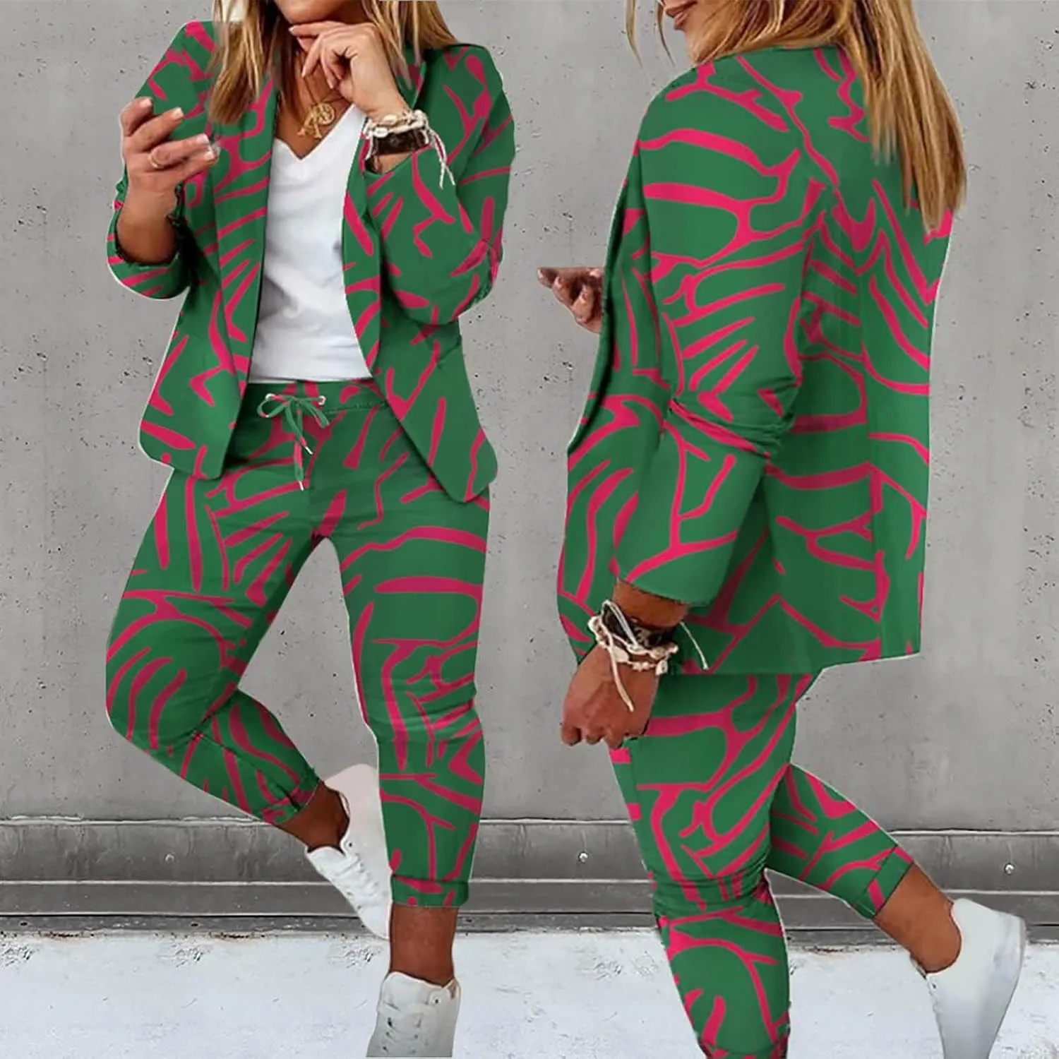 2 Piece Business Outfit for Women Lapel Long Sleeve Blazer Jacket and Cinch Bottom Pants Casual Elegant Print Suit Set
