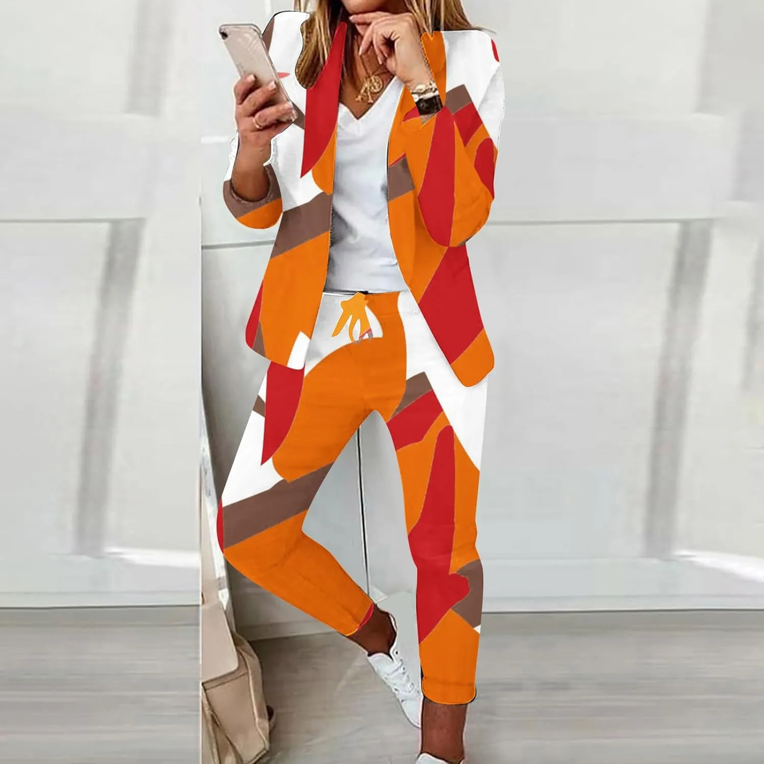 2 Piece Business Outfit for Women Lapel Long Sleeve Blazer Jacket and Cinch Bottom Pants Casual Elegant Print Suit Set