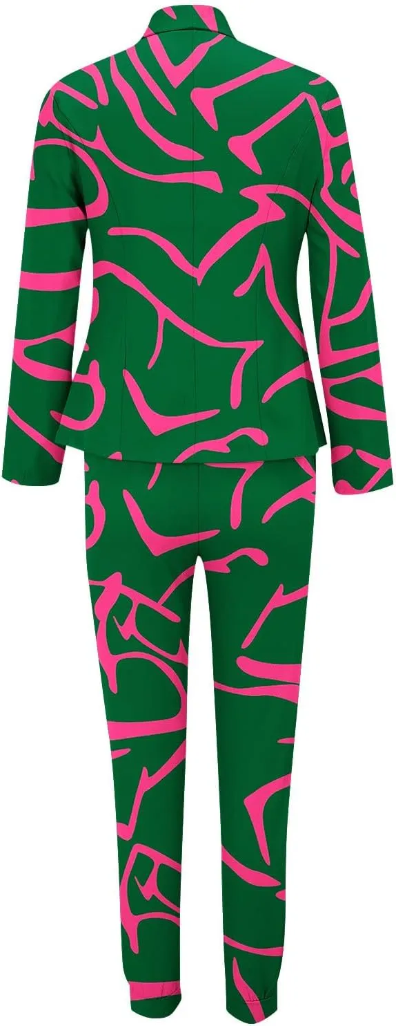 2 Piece Business Outfit for Women Lapel Long Sleeve Blazer Jacket and Cinch Bottom Pants Casual Elegant Print Suit Set