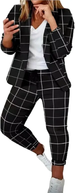 2 Piece Business Outfit for Women Lapel Long Sleeve Blazer Jacket and Cinch Bottom Pants Casual Elegant Print Suit Set