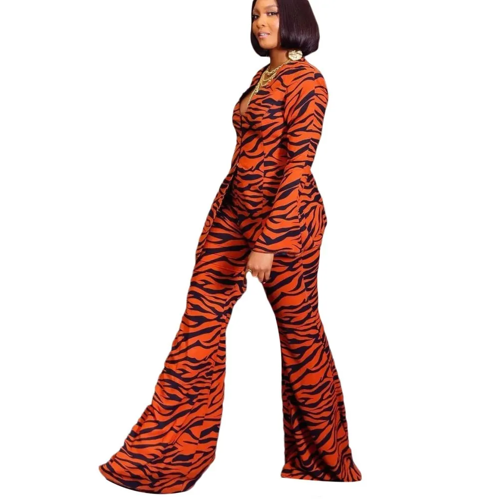 2 Piece Zip V-neck Print Long Sleeve Top And Flare Pants Suit