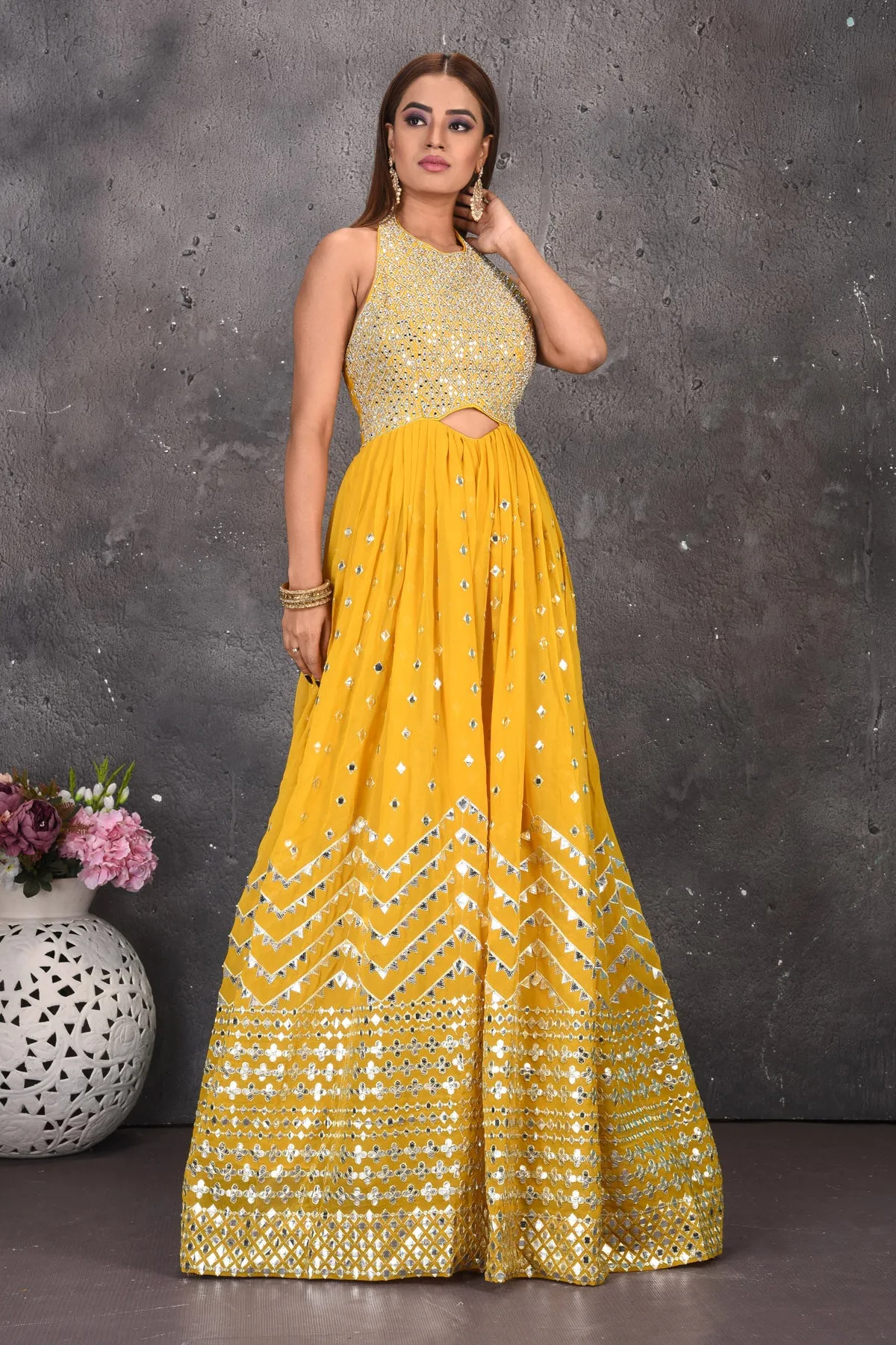 300630 Yellow Halter Neck Mirror Work Jumpsuit