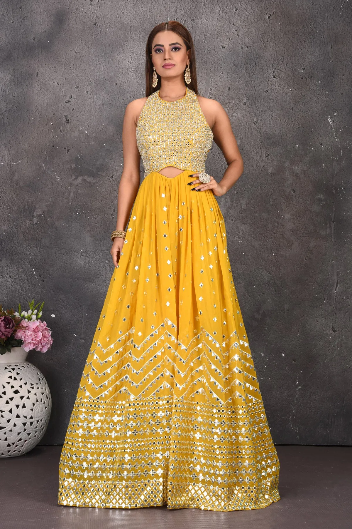 300630 Yellow Halter Neck Mirror Work Jumpsuit