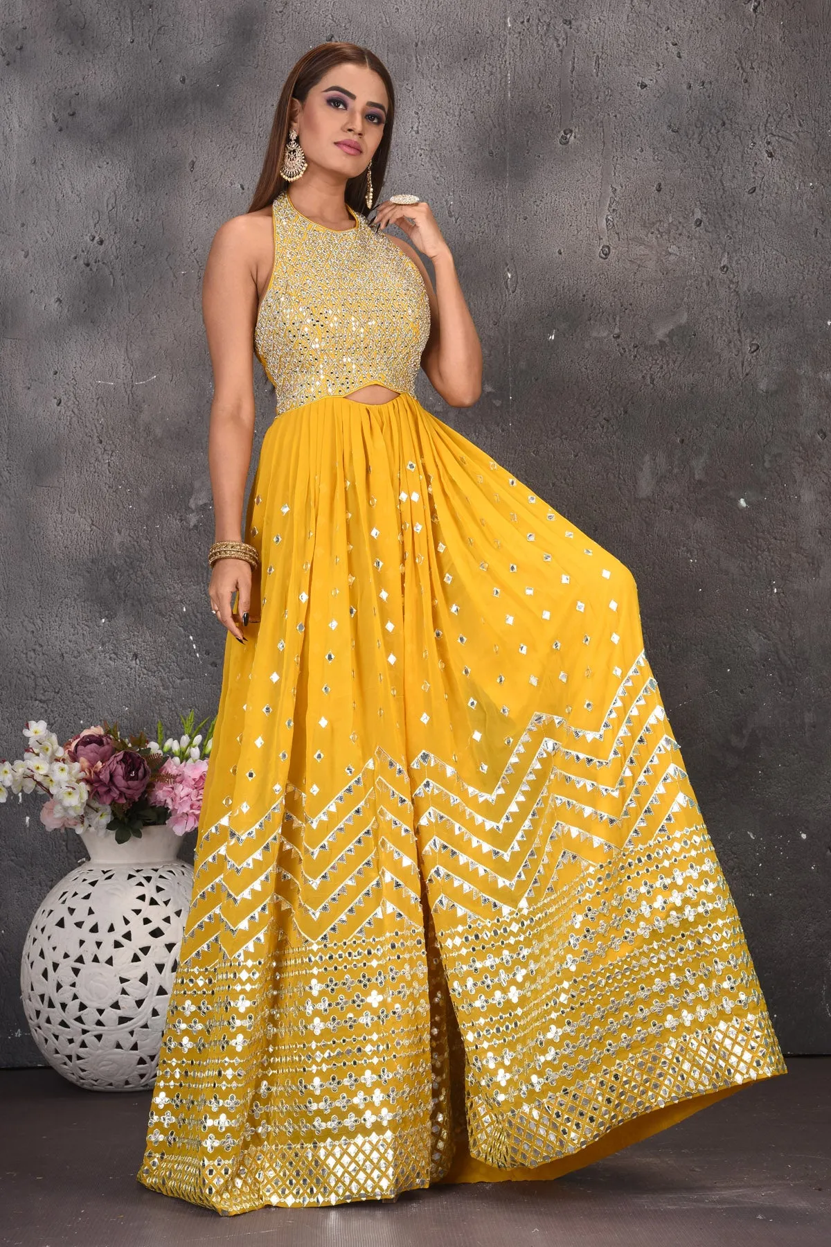 300630 Yellow Halter Neck Mirror Work Jumpsuit