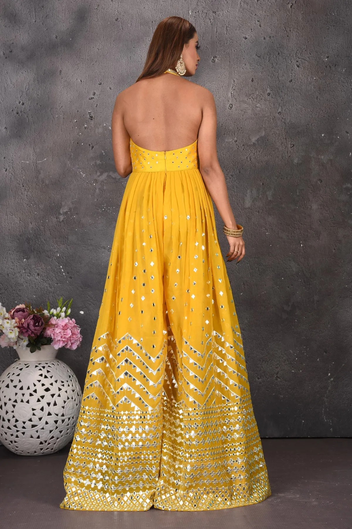 300630 Yellow Halter Neck Mirror Work Jumpsuit
