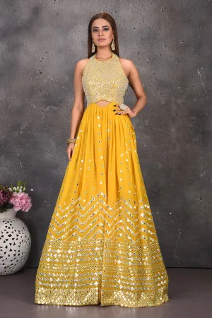 300630 Yellow Halter Neck Mirror Work Jumpsuit