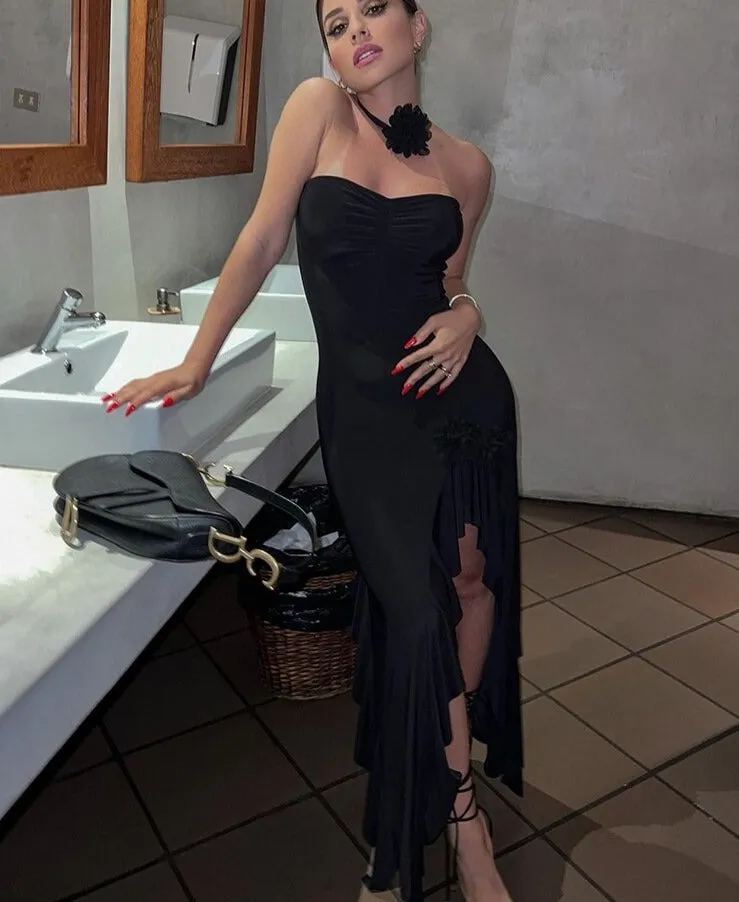 3D Flower Elegant Maxi Dress Women Strapless Dress Side Split Backless Sleeveless Ruffles Elastic Skinny Evening Party