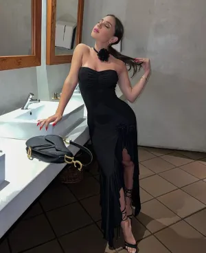 3D Flower Elegant Maxi Dress Women Strapless Dress Side Split Backless Sleeveless Ruffles Elastic Skinny Evening Party