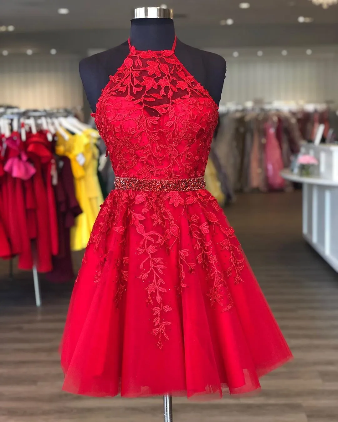 A Line Homecoming Dresses Anne Stylish Halter Red Short With Appliques CD20940