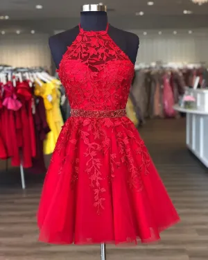 A Line Homecoming Dresses Anne Stylish Halter Red Short With Appliques CD20940