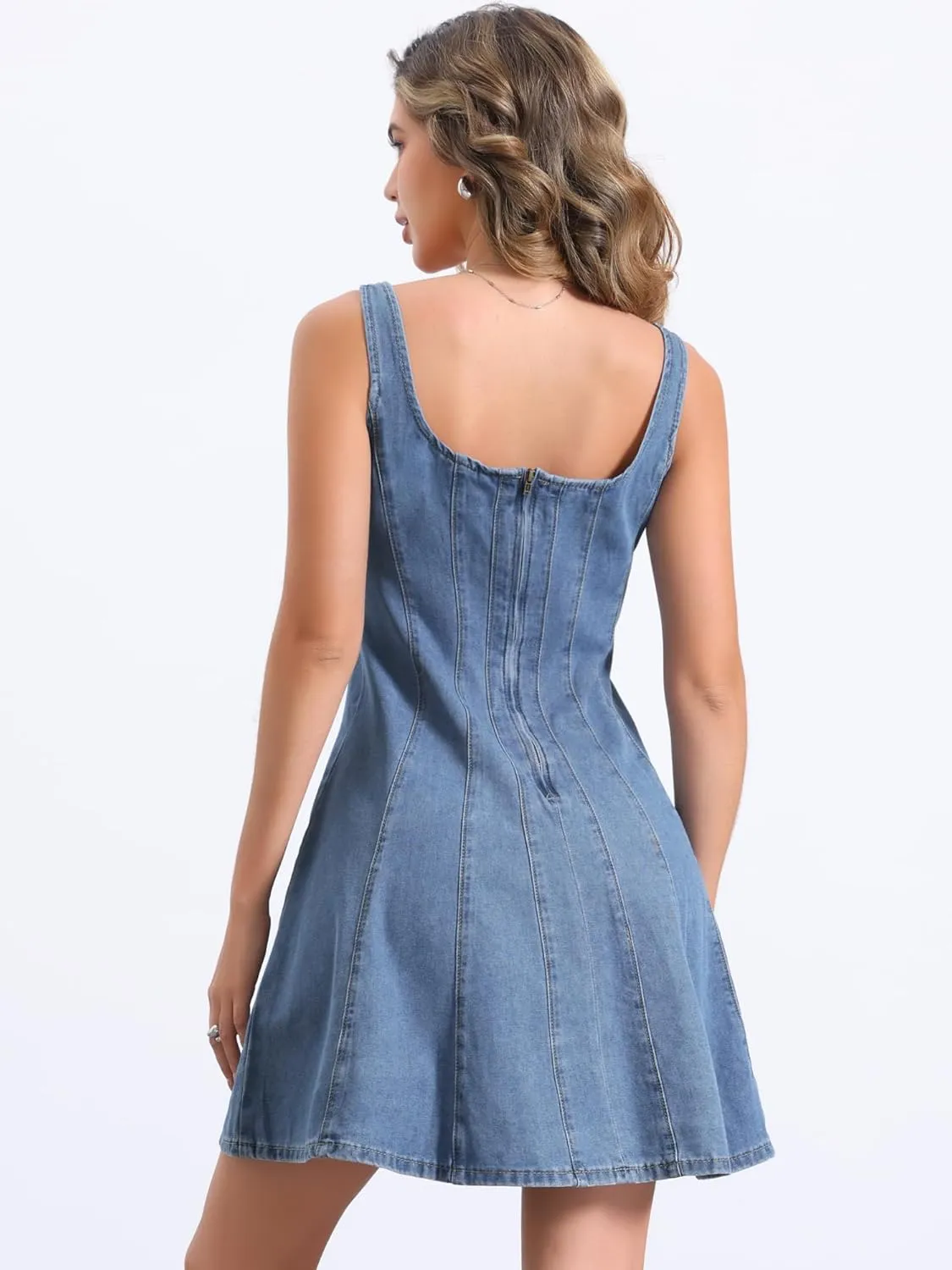 Allegra K Denim Dress for Women's Casual Tank Square Neck Mini Dress