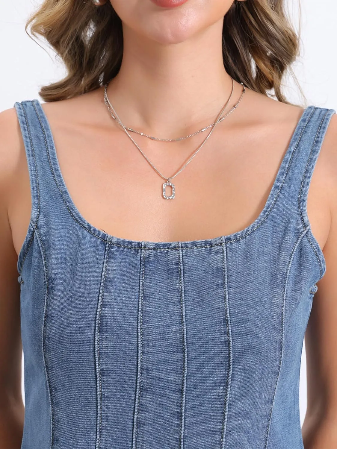 Allegra K Denim Dress for Women's Casual Tank Square Neck Mini Dress