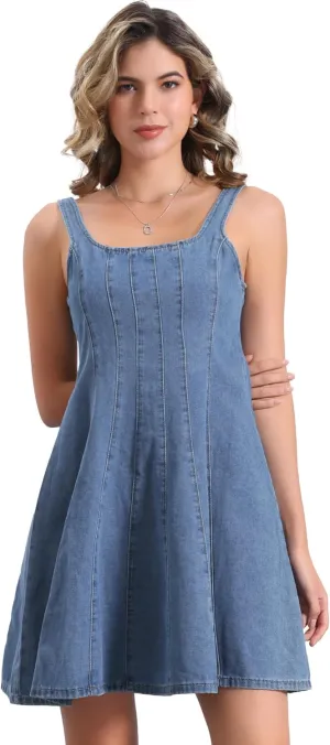 Allegra K Denim Dress for Women's Casual Tank Square Neck Mini Dress