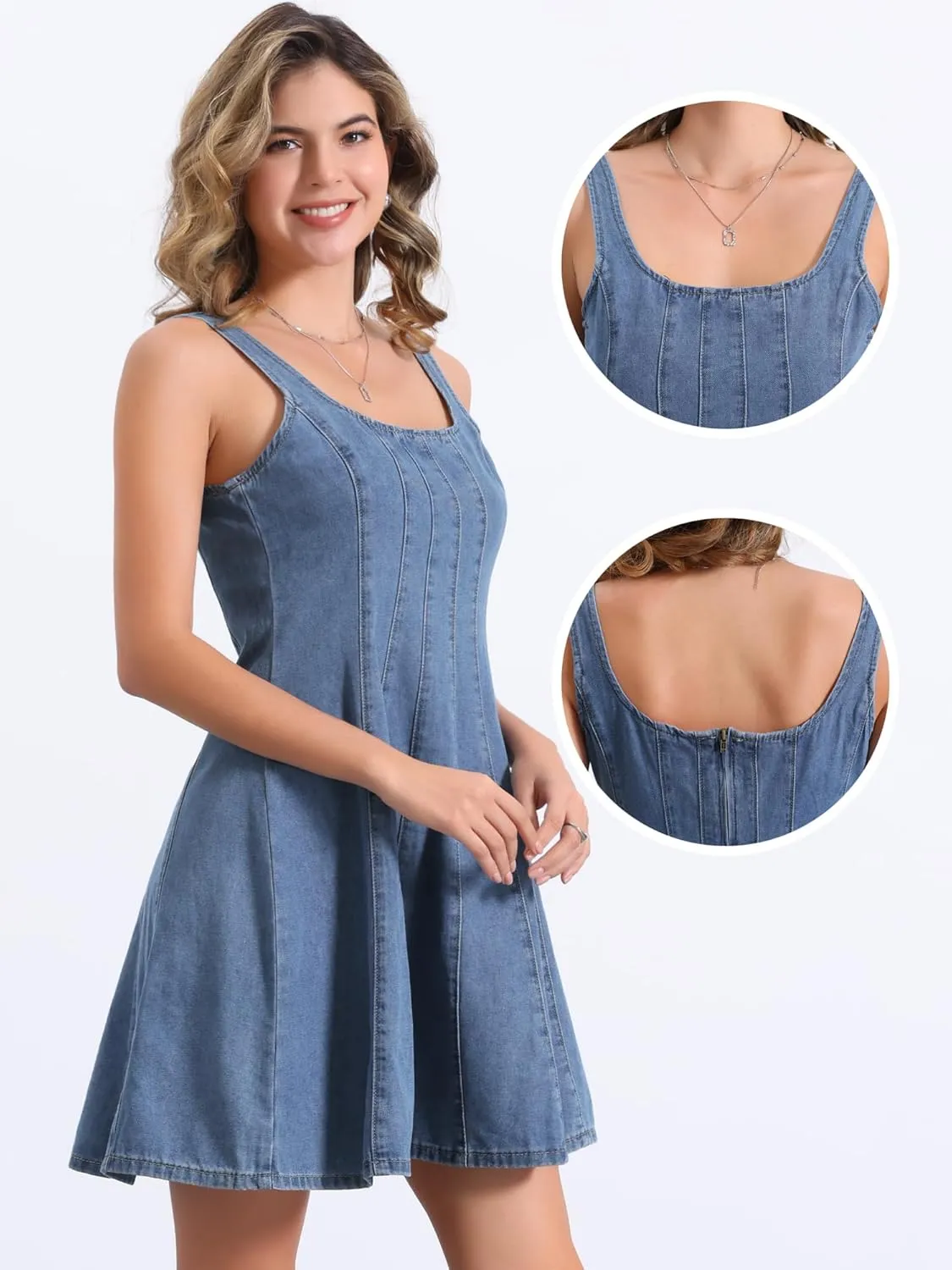 Allegra K Denim Dress for Women's Casual Tank Square Neck Mini Dress