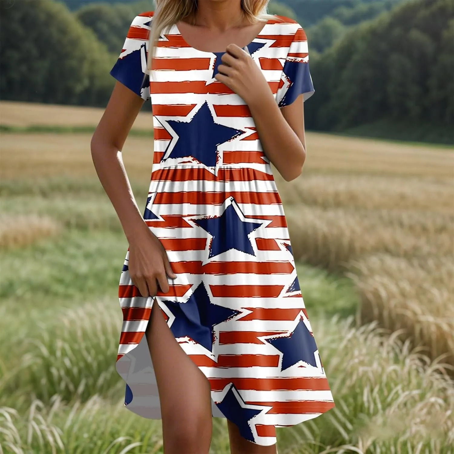 American Flag Dress for Women Independence Day Round Neck Loose Fit Midi Elegant Holiday Party Cocktail with Pockets