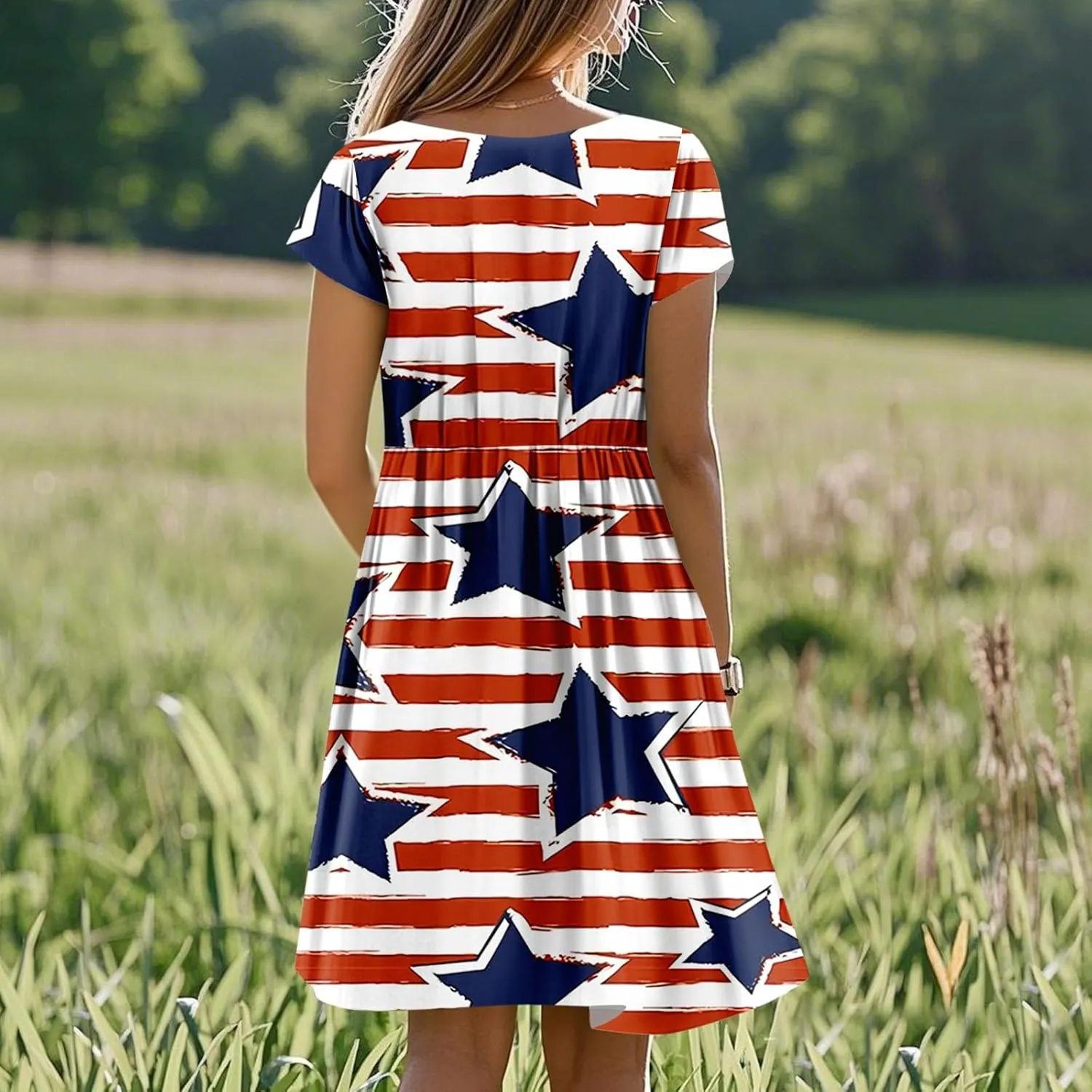 American Flag Dress for Women Independence Day Round Neck Loose Fit Midi Elegant Holiday Party Cocktail with Pockets