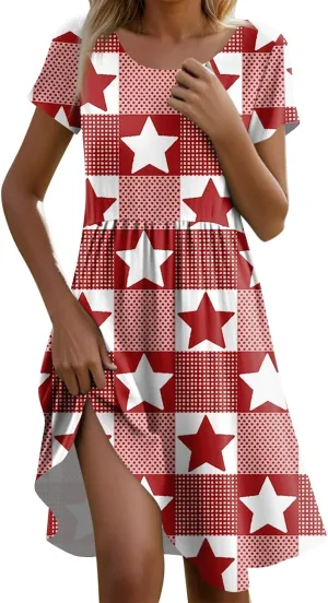 American Flag Dress for Women Independence Day Round Neck Loose Fit Midi Elegant Holiday Party Cocktail with Pockets