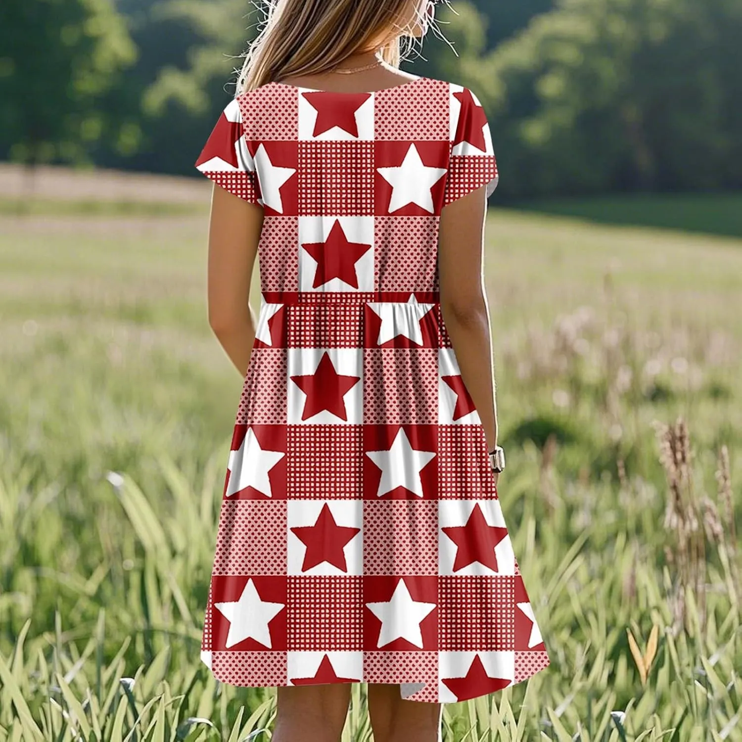American Flag Dress for Women Independence Day Round Neck Loose Fit Midi Elegant Holiday Party Cocktail with Pockets