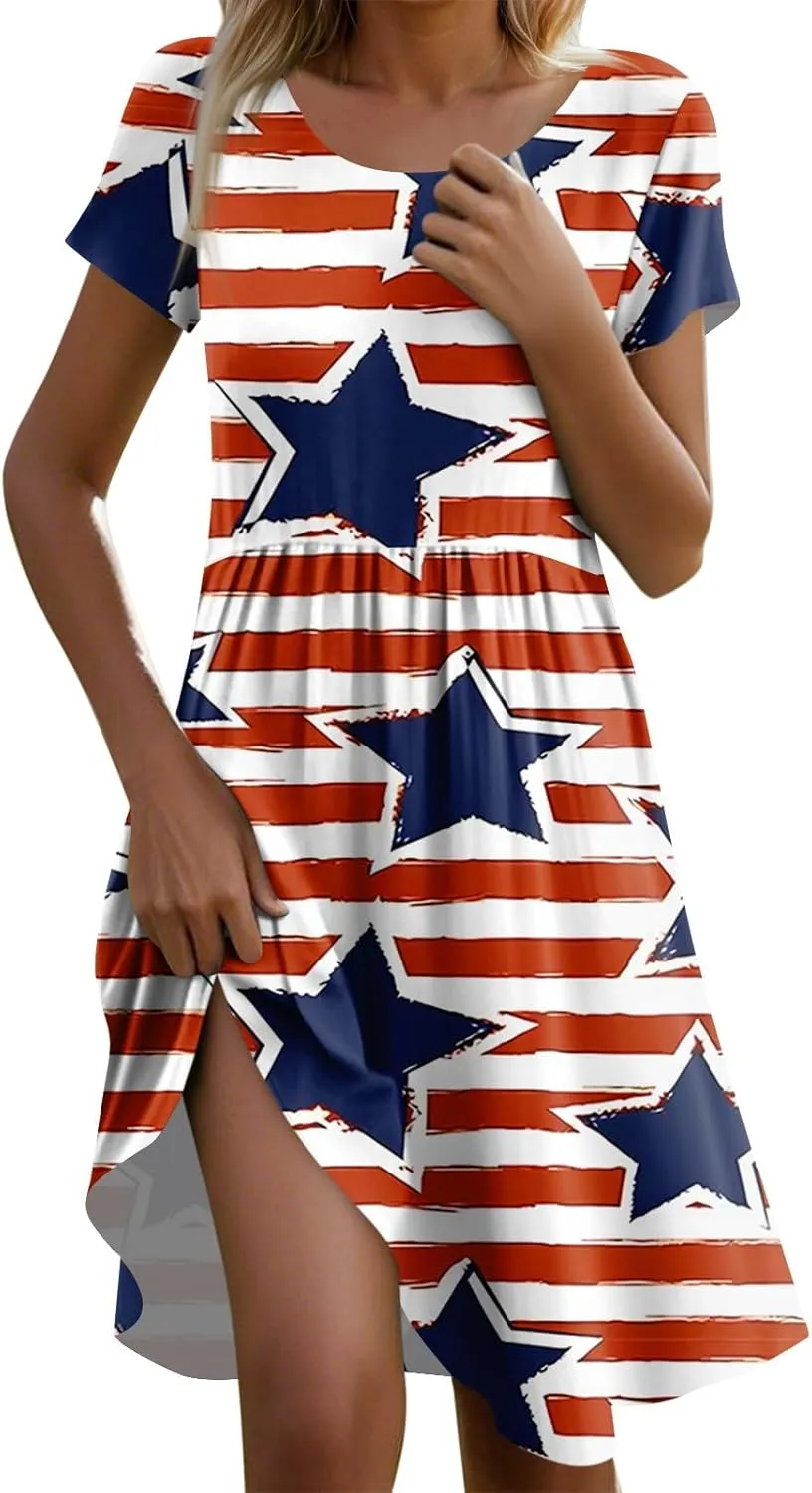 American Flag Dress for Women Independence Day Round Neck Loose Fit Midi Elegant Holiday Party Cocktail with Pockets