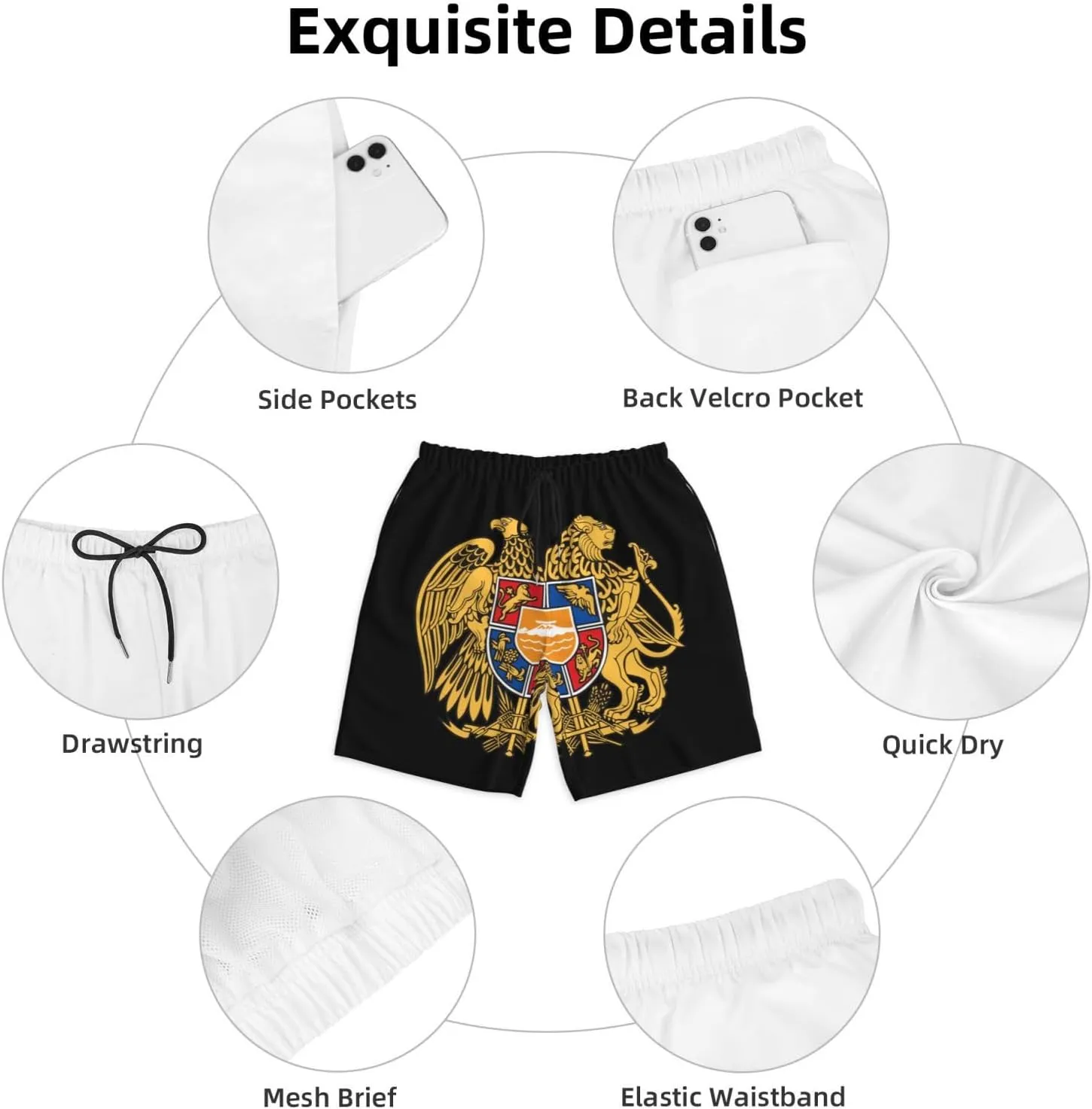 Armenian National Emblem Flag Trunks Man Shorts Quick Dry Beach Trunks Board Shorts