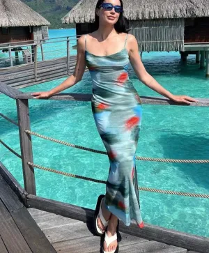Artistic Printing Aesthetic Maxi Dress Women Elegant Suspender Dress Side Split Robe Sexy Female Skinny Hipster