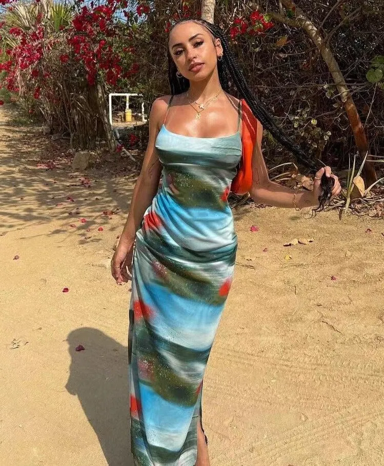 Artistic Printing Aesthetic Maxi Dress Women Elegant Suspender Dress Side Split Robe Sexy Female Skinny Hipster