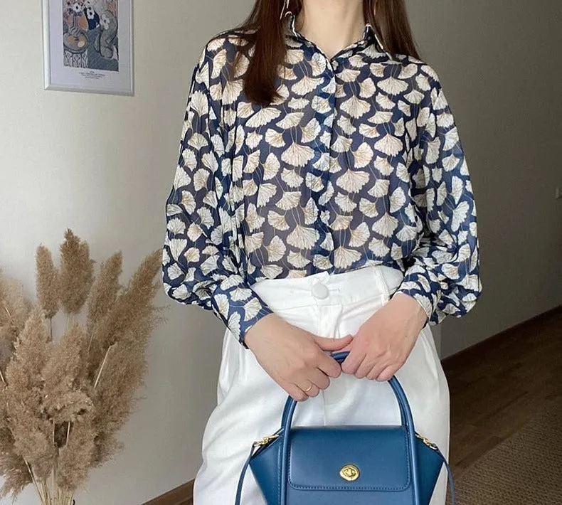 Autumn Blouse Women England Style Cozy Fashion Elegant Leaf Printing Loose Silk Loose Blusas Mujer De Moda Shirt Tops