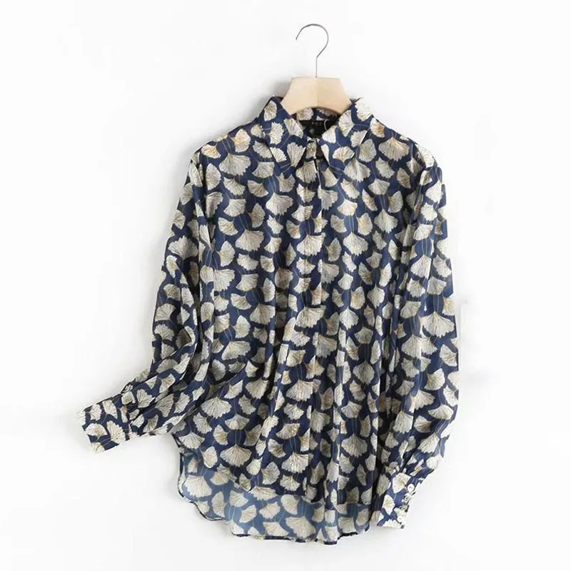 Autumn Blouse Women England Style Cozy Fashion Elegant Leaf Printing Loose Silk Loose Blusas Mujer De Moda Shirt Tops