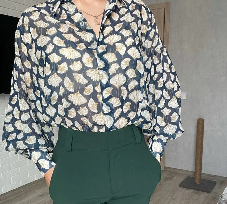 Autumn Blouse Women England Style Cozy Fashion Elegant Leaf Printing Loose Silk Loose Blusas Mujer De Moda Shirt Tops