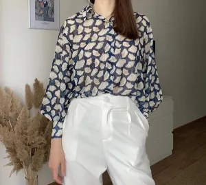 Autumn Blouse Women England Style Cozy Fashion Elegant Leaf Printing Loose Silk Loose Blusas Mujer De Moda Shirt Tops