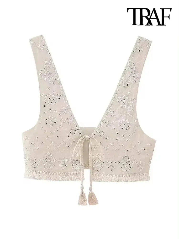 Back To School Joskaa Women Fashion With Tie Tassel Embroidered Crop Tank Tops Sexy V Neck Wide Straps Female Waistcoat Chic Vest Tops