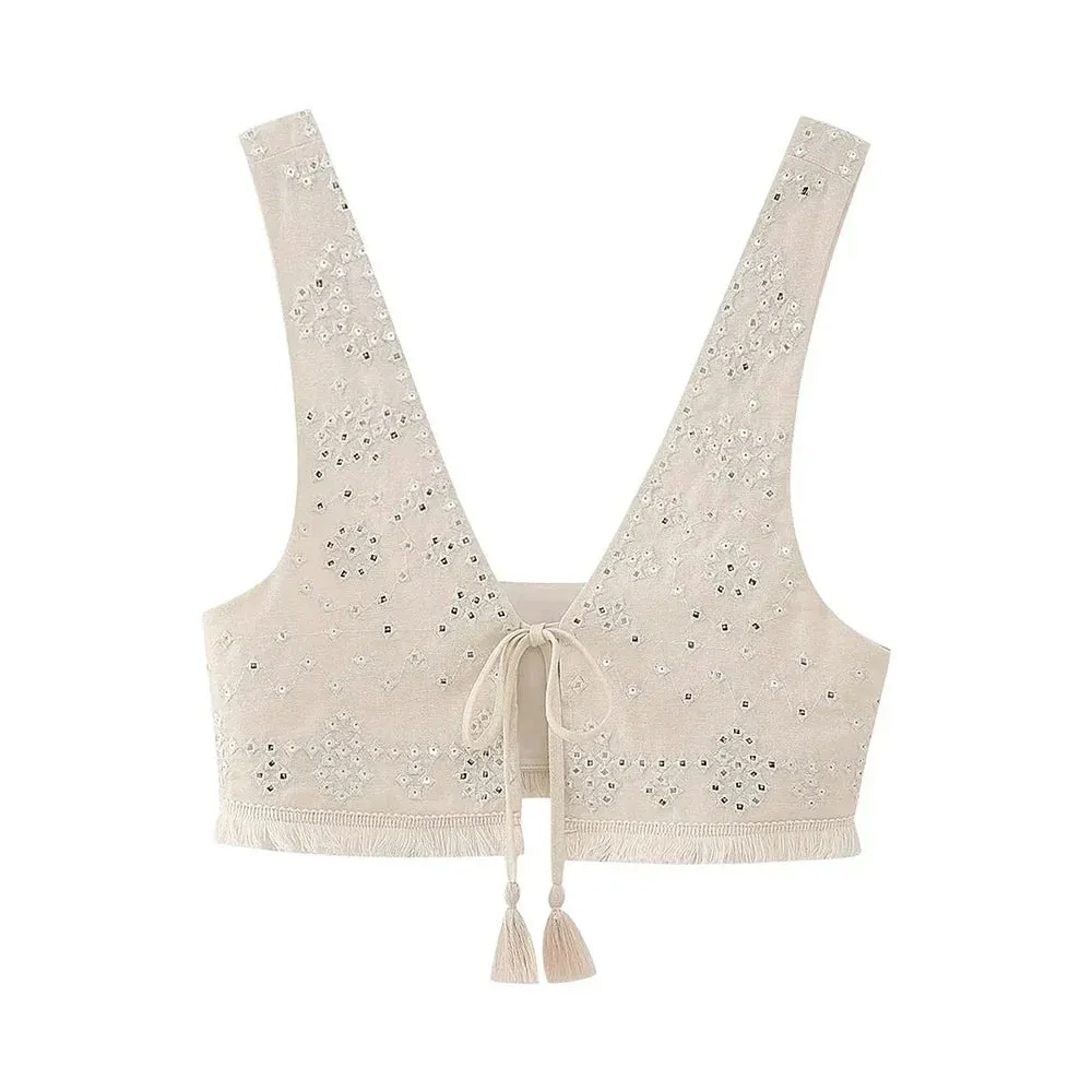Back To School Joskaa Women Fashion With Tie Tassel Embroidered Crop Tank Tops Sexy V Neck Wide Straps Female Waistcoat Chic Vest Tops