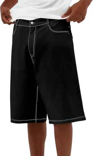 Baggy Jeans Shorts for Men Wide Leg Mid Jean Shorts Zipper Hip Hop Shorts with Pockets Streetwear