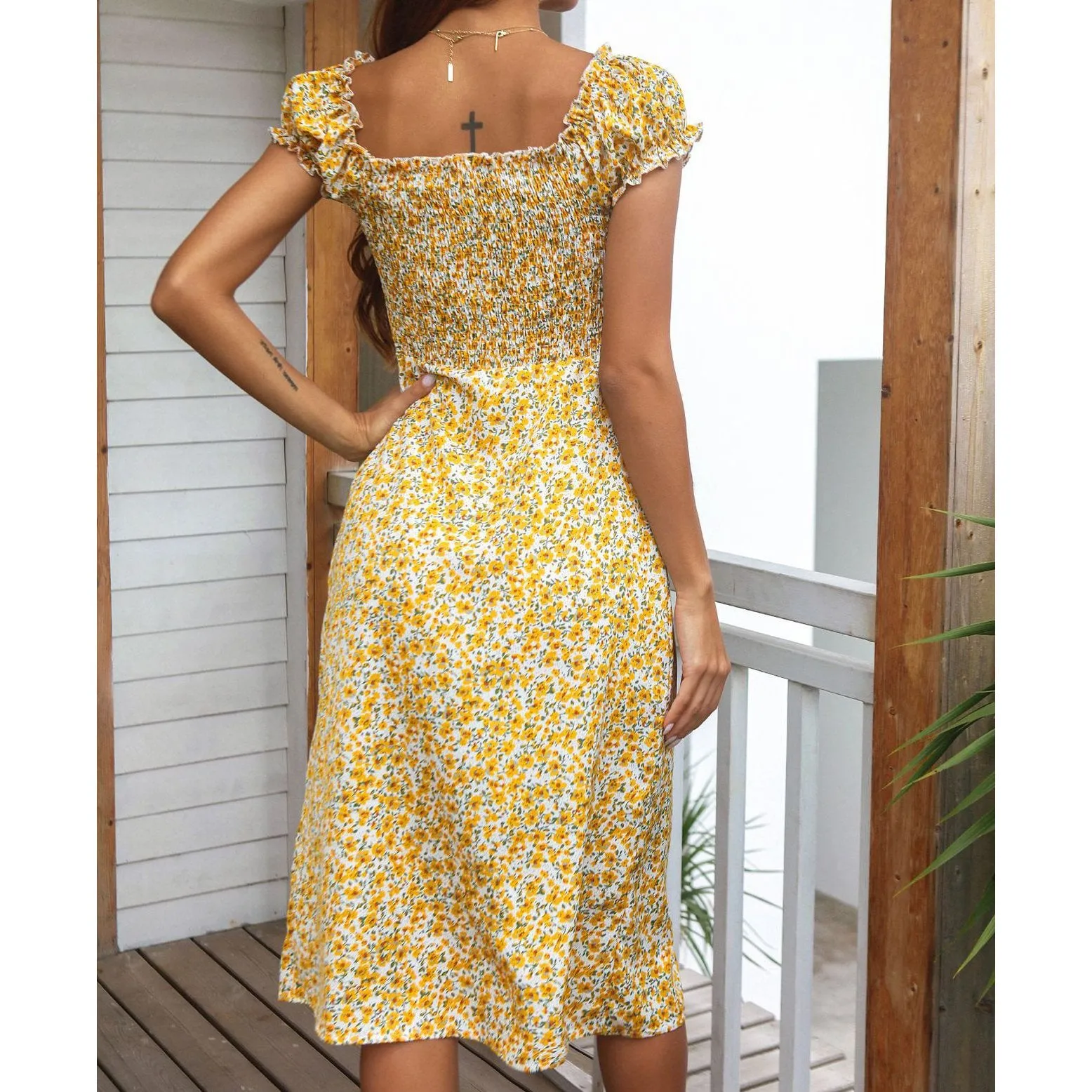 Beach Print Boho Yellow Long Split Dress