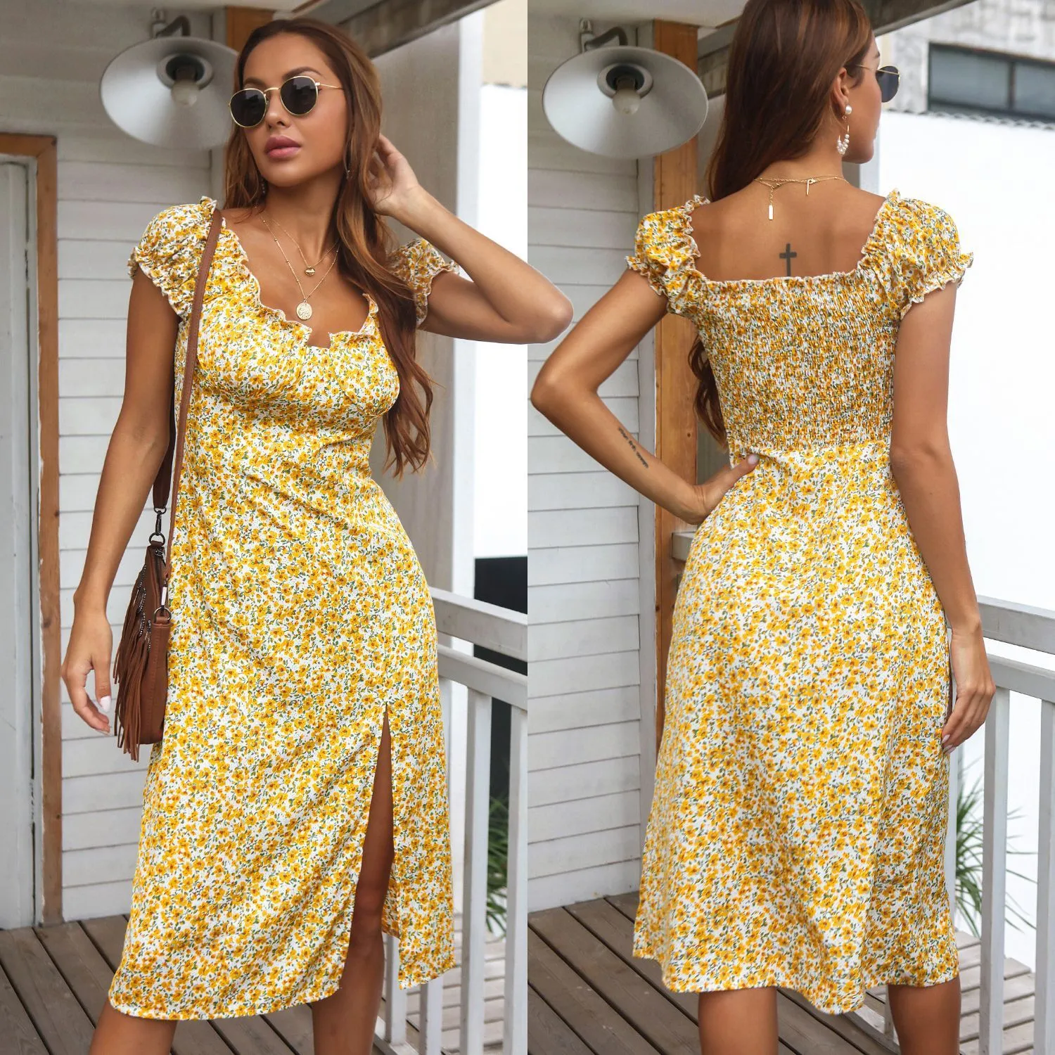 Beach Print Boho Yellow Long Split Dress