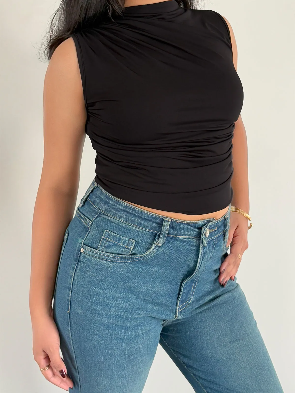 Black Chic Gathered High Neck Top