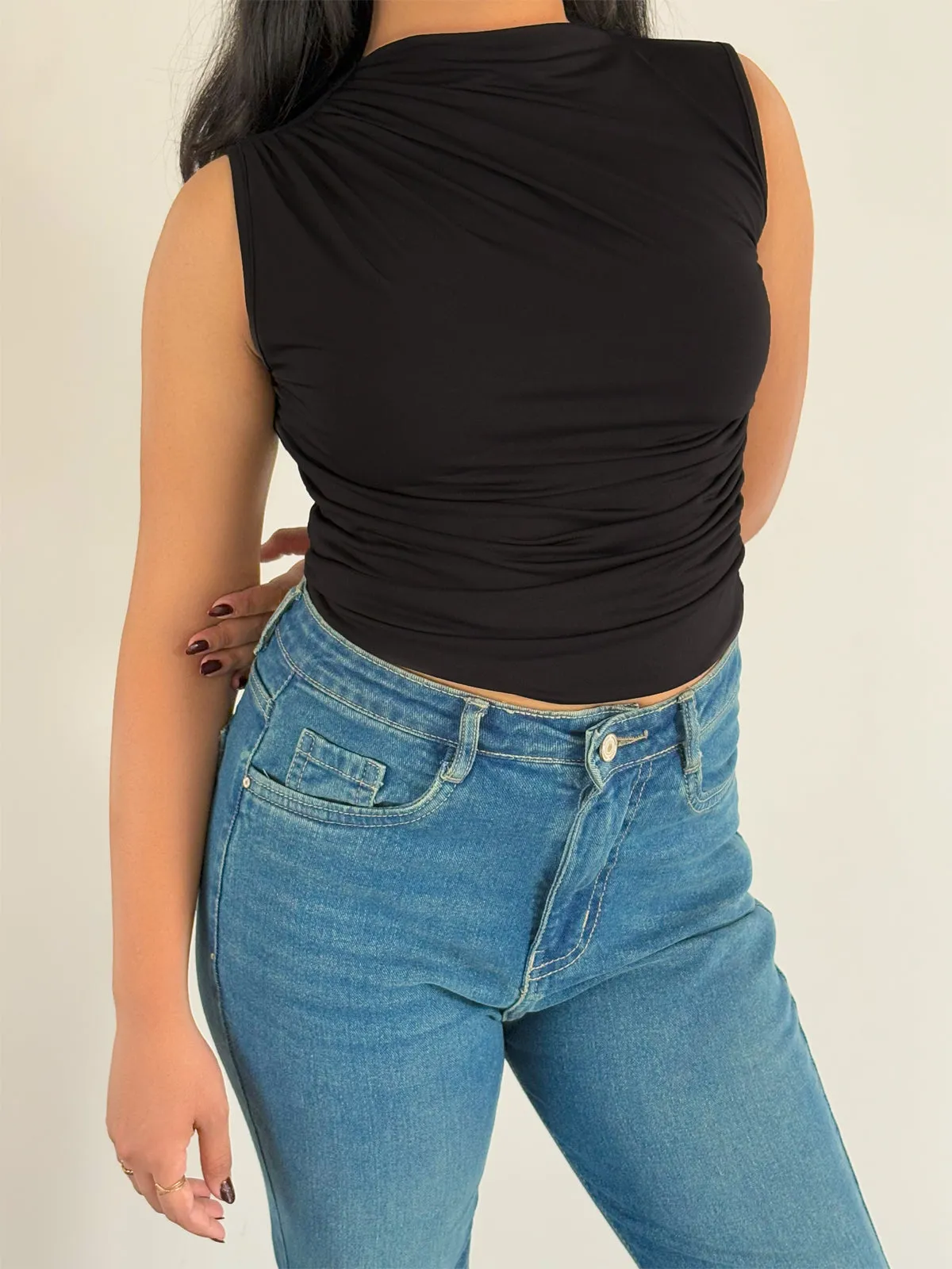 Black Chic Gathered High Neck Top