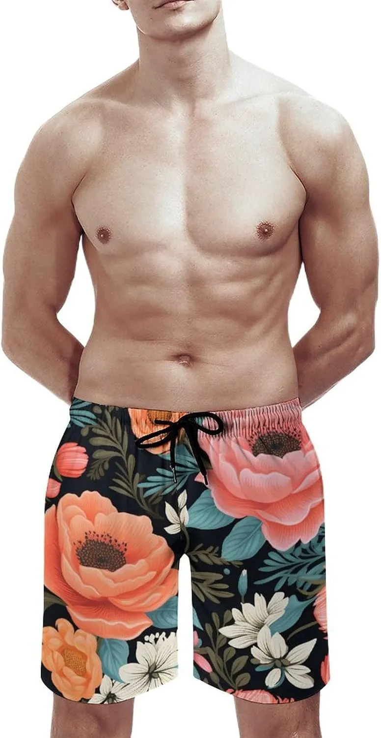 Boho Floral Men's Swim Trunks Quick Dry Bathing Suit Swimming Board Shorts Beach Swimwear