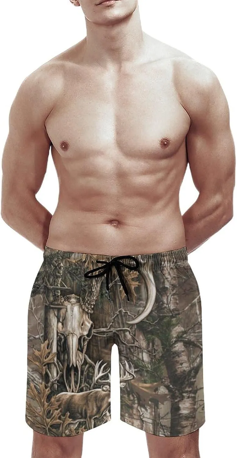 Buck Skull with Hunting Scene Men's Swim Trunks Quick Dry Bathing Suit Swimming Shorts Beach Swimwear