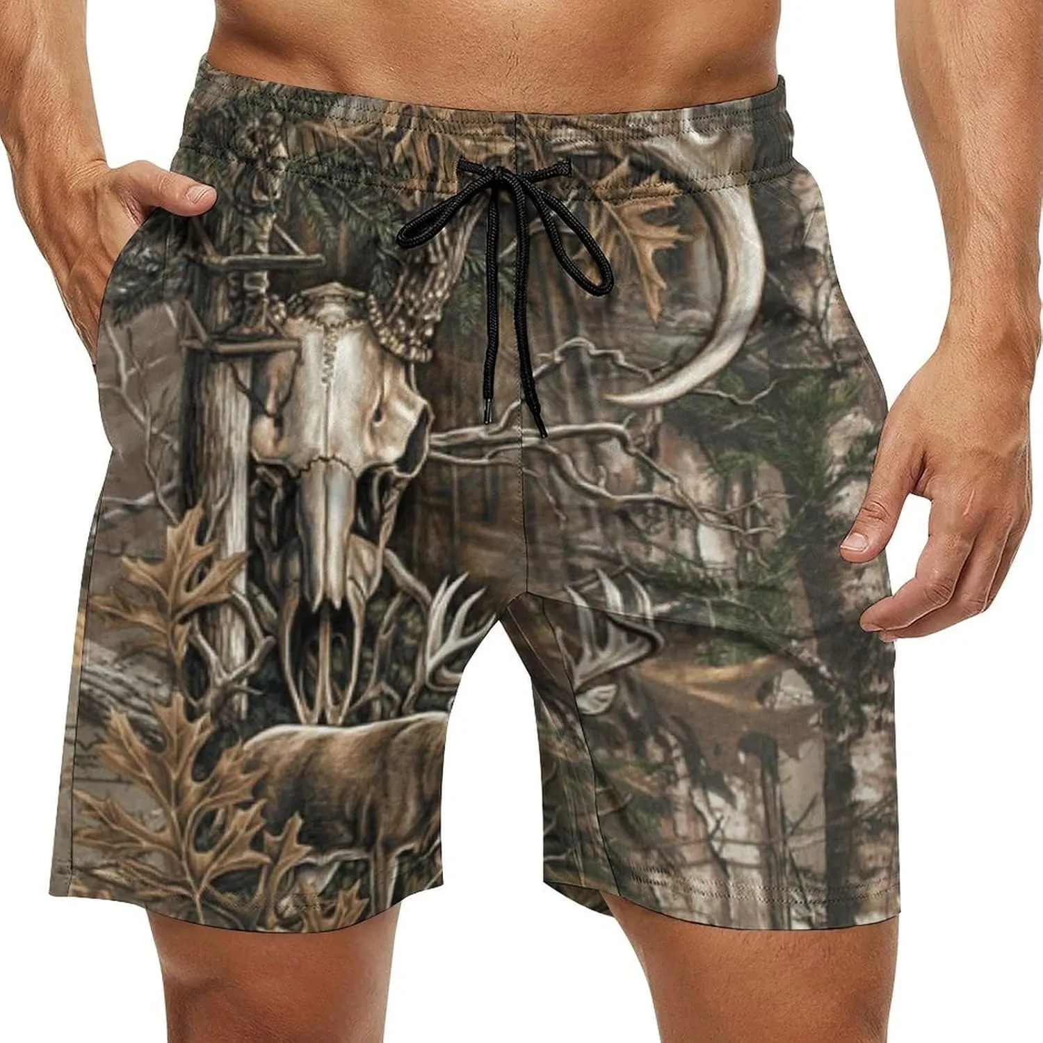 Buck Skull with Hunting Scene Men's Swim Trunks Quick Dry Bathing Suit Swimming Shorts Beach Swimwear