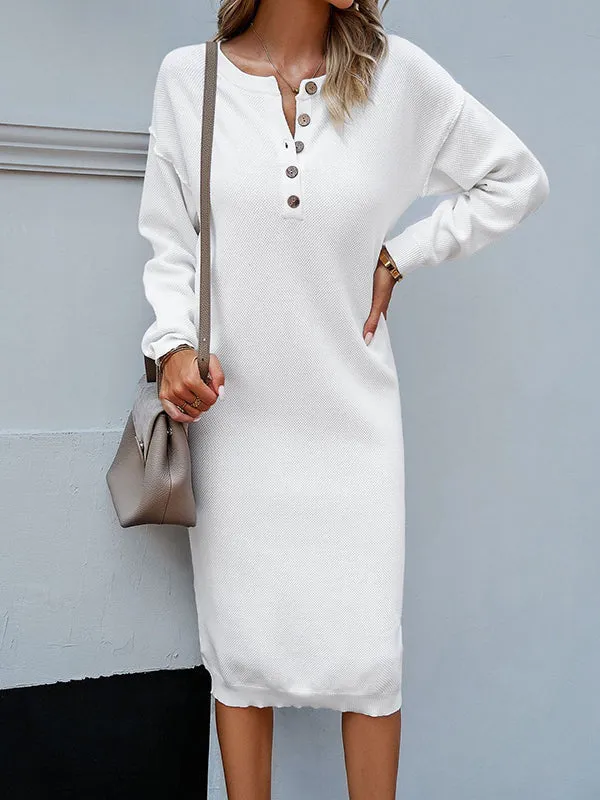 Buttoned Long Sleeves Loose Round-Neck Sweater Dresses Midi Dresses